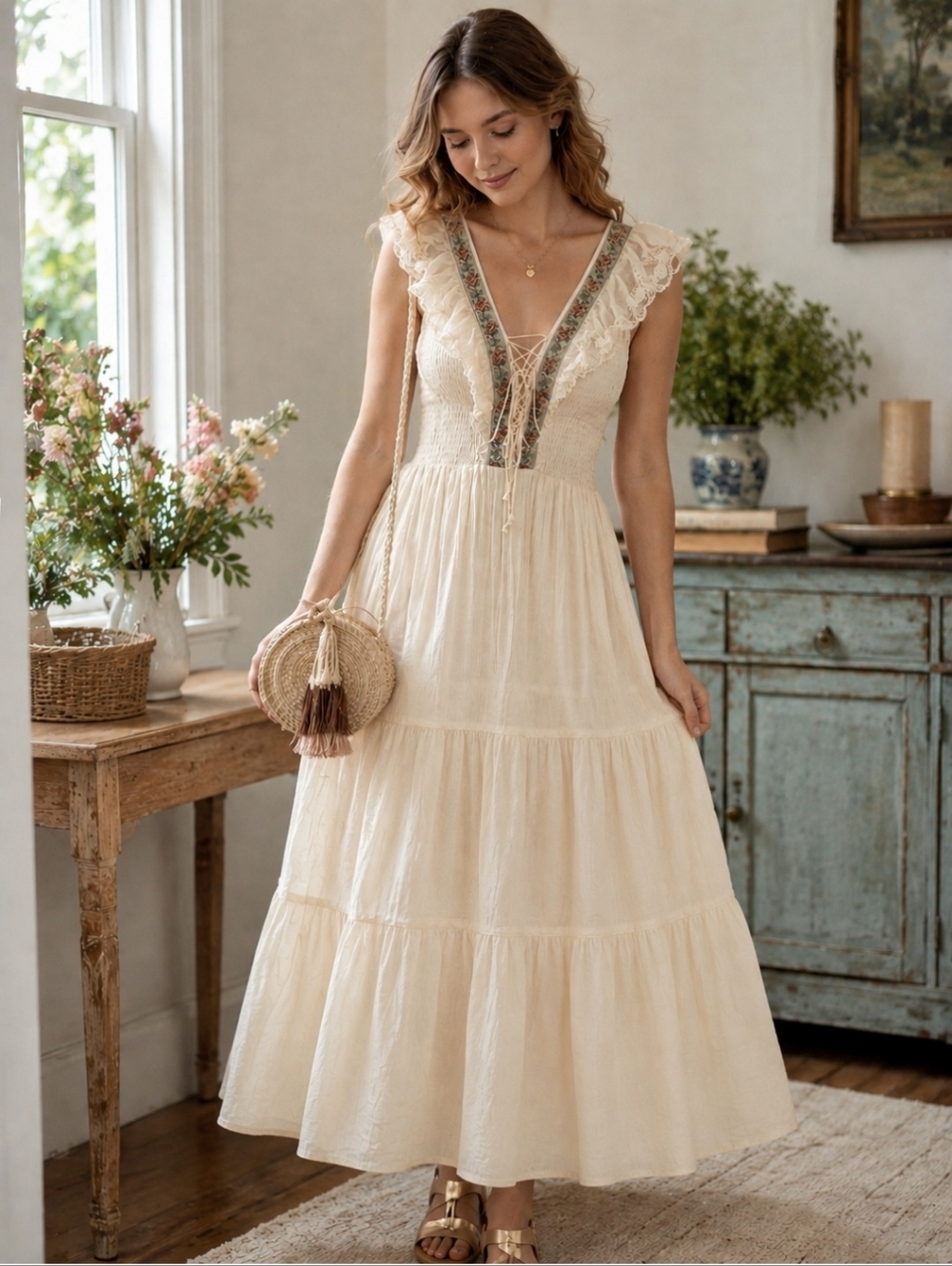 Vtg VICKY VAUGHN Boho Tiered Cream LACE CORSET Cottegcore Summer MAXI DRESS XS S